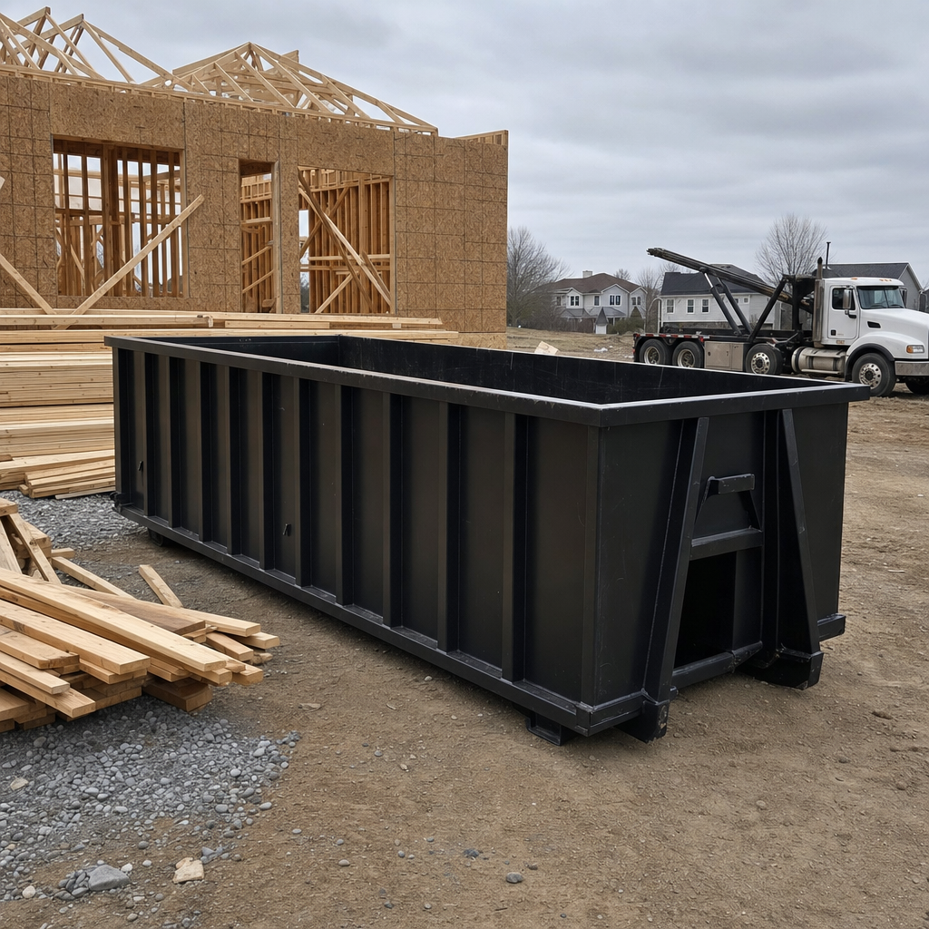 Matte-black 40-yard roll-off dumpster staged on a framed-out residential construction site in Four Oaks, framing lumber stacked nearby, hooklift delivery truck visible in the background under bright Colorado daylight