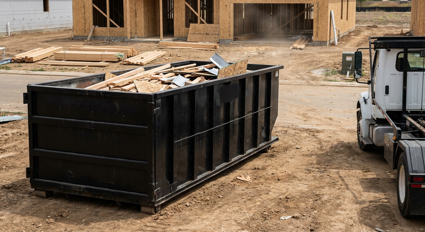 Matte-black 20-yard roll-off construction dumpster with heavy ribbed steel sidewalls and swing rear doors at a working jobsite in Four Oaks, sitting directly on compacted dirt with an unmarked white hauler partially visible at the far edge of the frame.