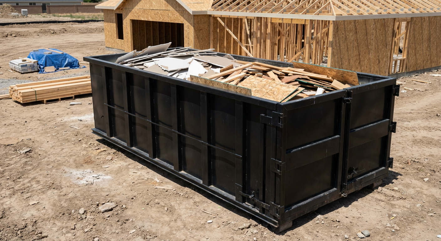 Matte-black 30-yard roll-off construction dumpster sitting directly on the compacted-dirt site of a framed single-family home build in Four Oaks, drywall and lumber scrap loaded inside.