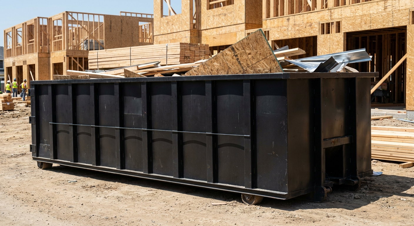 Matte-black 40-yard roll-off construction dumpster being lowered from a white-cab hooklift delivery truck onto the compacted-dirt jobsite at a commercial build site in Four Oaks