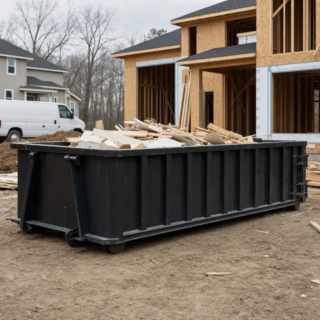 Worker in a yellow high-visibility vest tossing framing lumber and broken drywall into a matte-black 30-yard construction roll-off dumpster on an active build site in Four Oaks, bright daylight