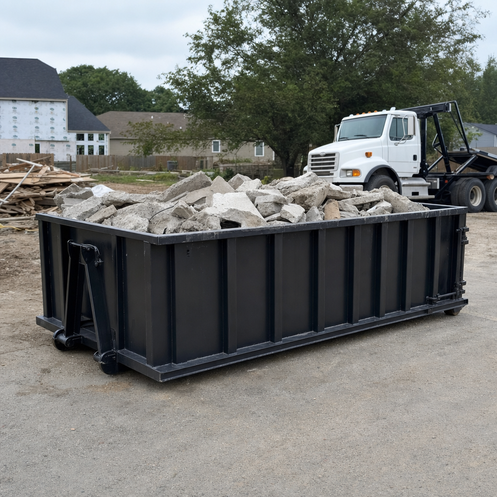 Low-profile matte-black lowboy roll-off dumpster loaded with broken concrete slab and rebar at a foundation tear-out in Four Oaks, skid steer parked beside it, sunny Colorado morning