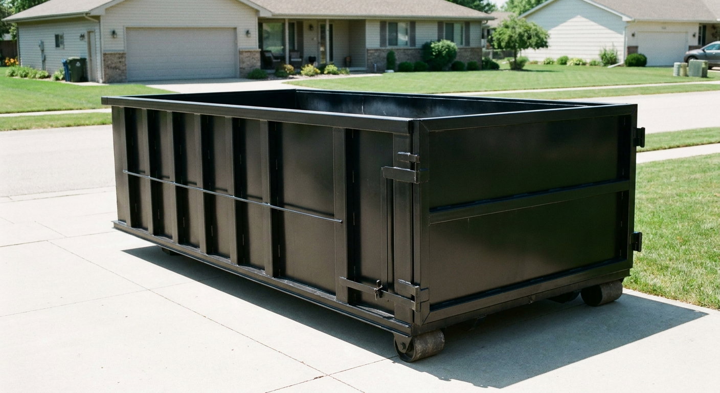 Matte-black 10-yard roll-off dumpster on a residential concrete driveway in Four Oaks, uniformly painted matte black across every panel and rail, ribbed steel sidewalls and rear swing door visible, mid-day daylight.