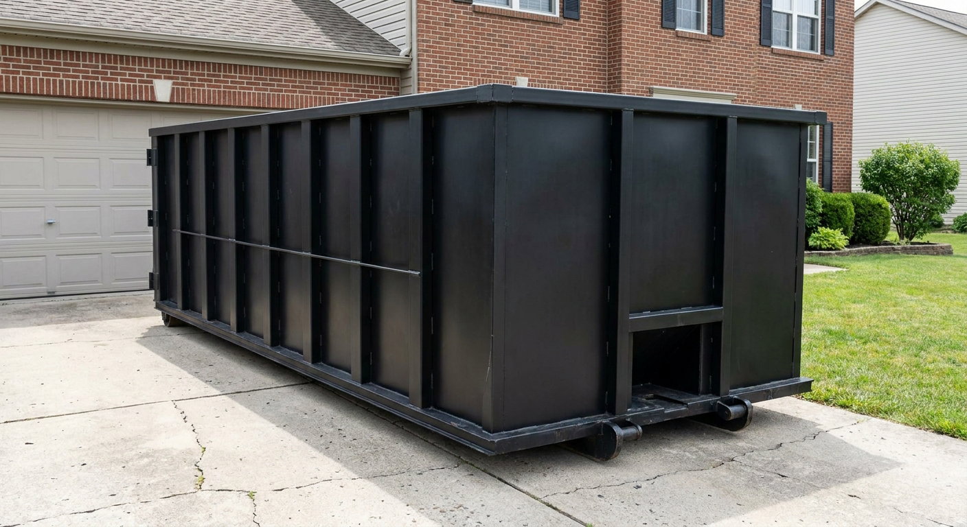 Matte-black 20-yard roll-off container on a Four Oaks residential concrete driveway with reinforced ribbed steel sidewalls and a hinged rear walk-in door, clean bright daylight.