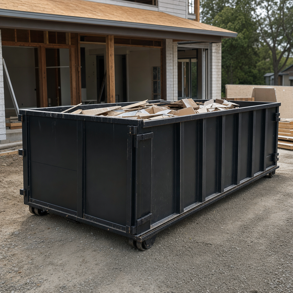 Large matte-black 30-yard construction roll-off dumpster at an active Four Oaks jobsite, steel-gray top rails and bottom rollers visible, loaded with construction debris.