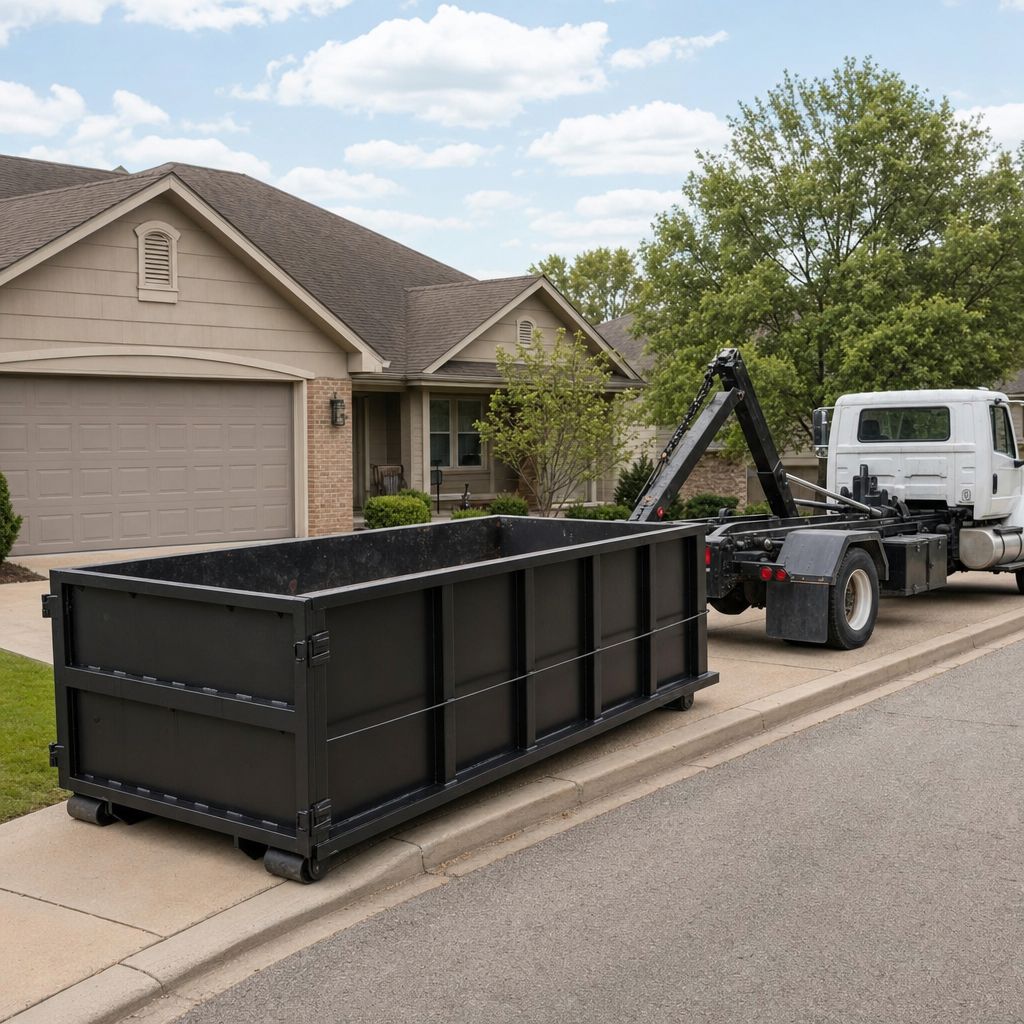 Wide documentary shot of a matte-black roll-off dumpster on a Four Oaks residential driveway in the foreground and a contractor jobsite container in the soft-focus background, bright daylight, calm and orderly composition.