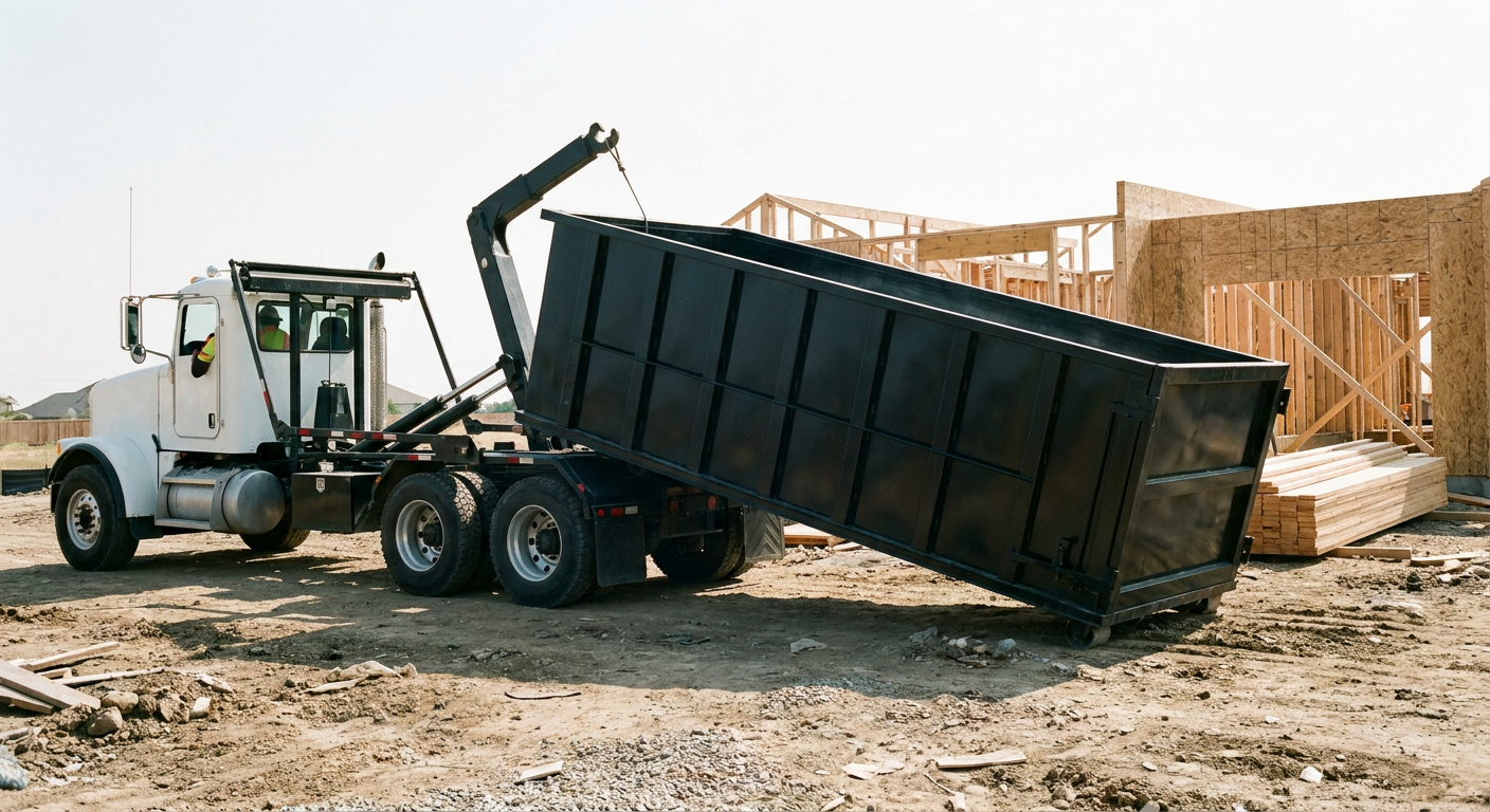 Matte-black roll-off dumpster being delivered onto a clean residential concrete driveway in Four Oaks by an unmarked white hooklift hauler truck, bright morning daylight, documentary 35mm perspective.