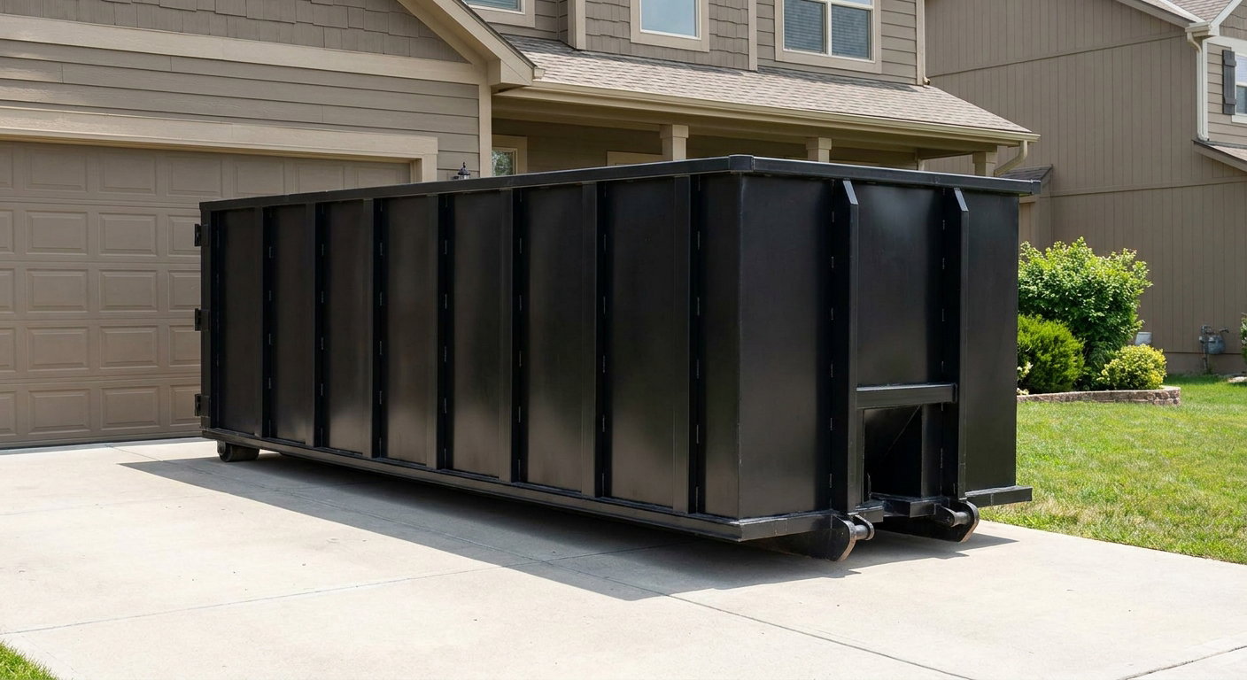 Matte-black residential roll-off dumpster sitting directly on a suburban Four Oaks concrete driveway, garage door closed, single-family home in background, bright morning daylight.