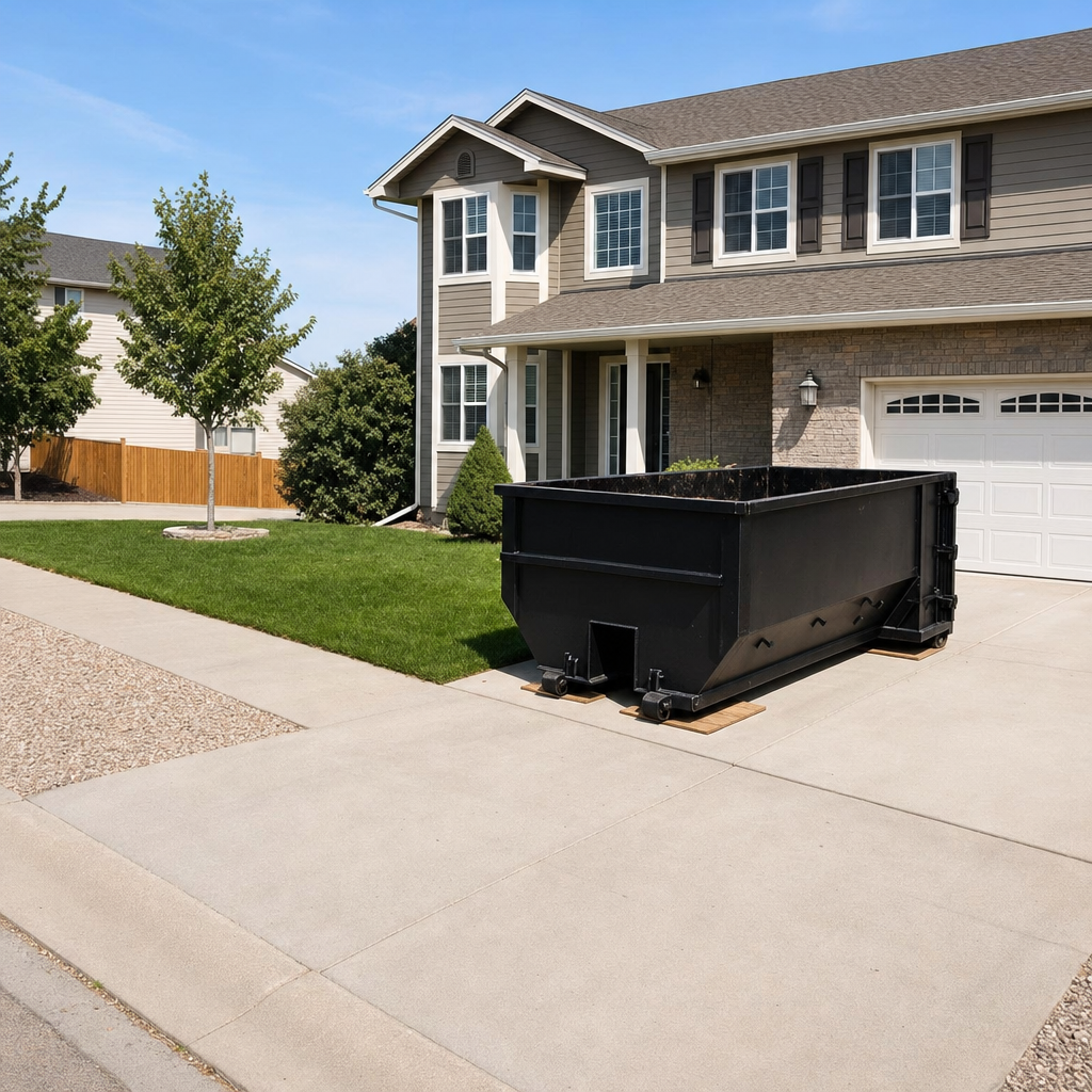 10-yard matte-black residential dumpster placed directly on a narrow Four Oaks concrete driveway, room remains for a parked sedan beside it, mid-morning natural light