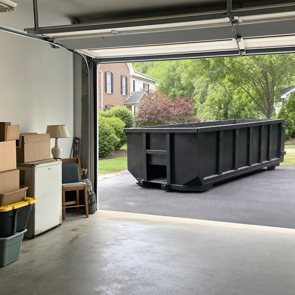Open garage interior in a Four Oaks home mid-cleanout — boxed items, an old appliance, and stacked yard tools queued near the driveway for a matte-black roll-off dumpster, organized and calm