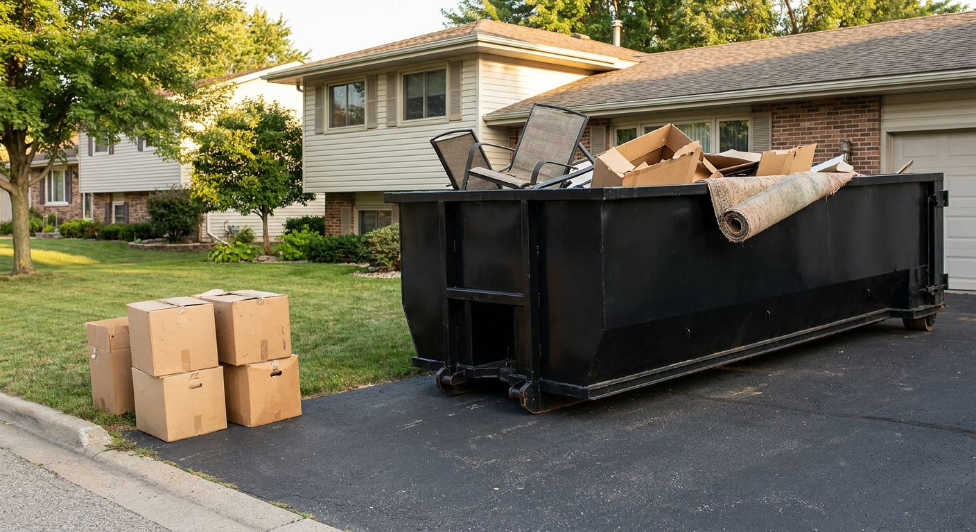 Front-yard view of a Four Oaks split-level home with a 20-yard matte-black roll-off dumpster sitting directly on the asphalt driveway, a few clearly labeled donation boxes staged at the curb, calm sunny afternoon.