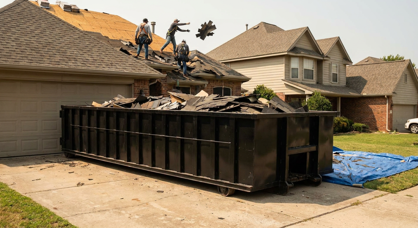 Matte-black roofing roll-off dumpster placed directly on a Four Oaks residential concrete driveway, a tear-off crew on a two-story asphalt-shingle roof tossing shingle bundles into the low-walled container, bright daylight, documentary 35mm perspective.