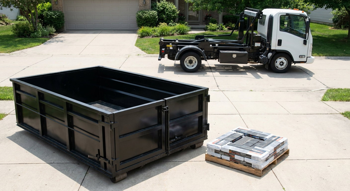 Matte-black 15-yard roofing roll-off dumpster with reinforced low side walls sitting directly on a Four Oaks residential concrete driveway, three-tab asphalt shingle bundles stacked nearby, an unmarked white hauler truck partially visible at the edge of the frame.