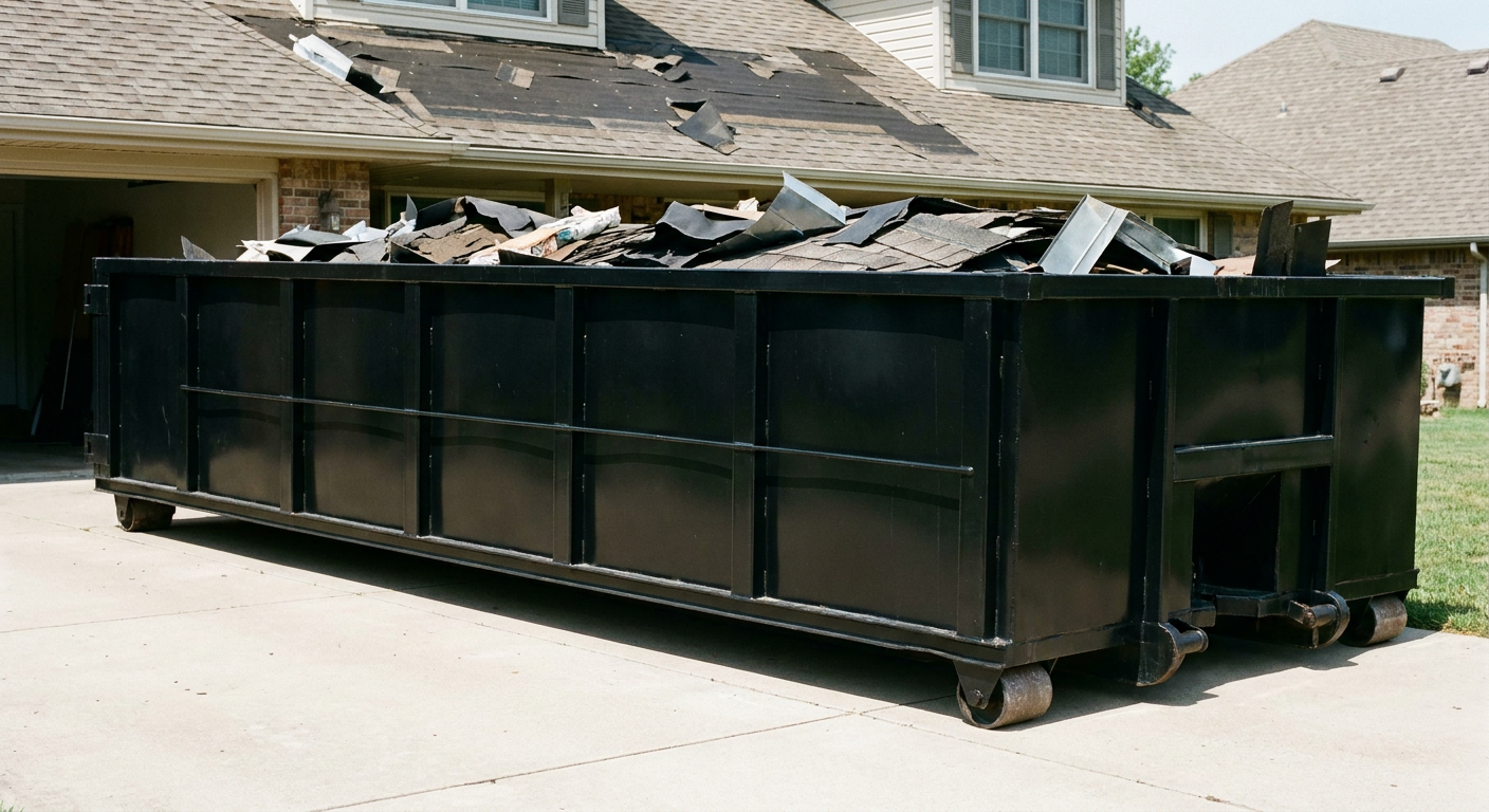 Matte-black 20-yard roofing roll-off dumpster with steel ribbed sides and swinging rear door, sitting directly on the concrete driveway of a two-story Four Oaks home, asphalt shingle debris being loaded over the low wall, clean documentary lighting.