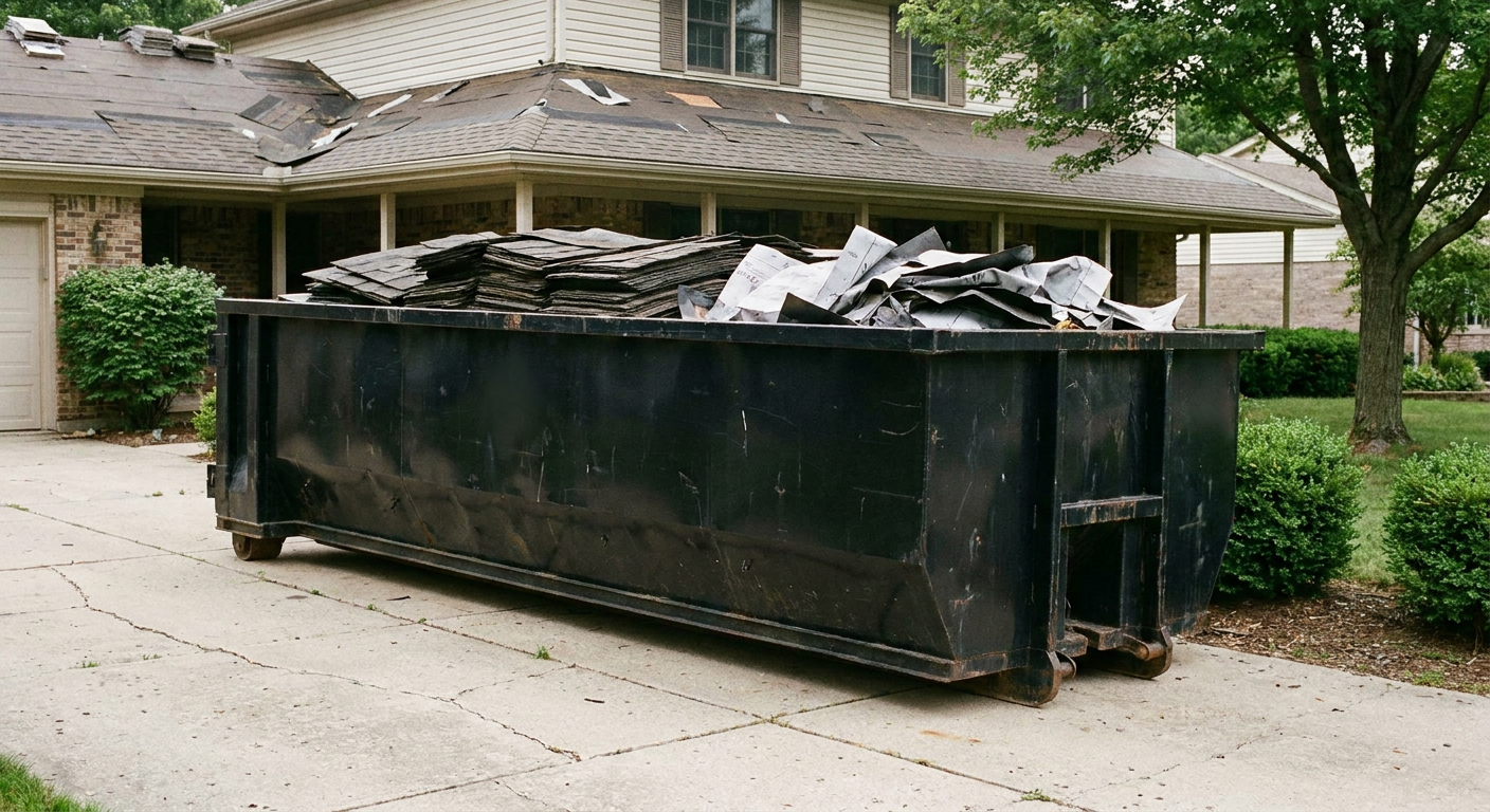 Matte-black 30-yard roofing roll-off dumpster sitting directly on a Four Oaks concrete driveway, taller ribbed steel side panels, mixed tear-off debris of asphalt shingles and underlayment inside, professional documentary daylight.