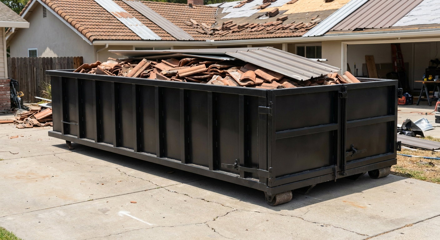 Matte-black low-wall heavy-debris roofing roll-off dumpster sitting directly on a Four Oaks concrete driveway, broken concrete clay roof tiles and metal panel sections loaded inside, reinforced ribbed steel side walls visible, bright outdoor daylight.