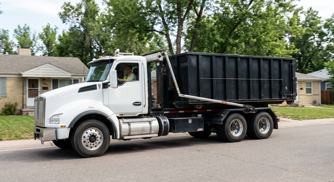 A wide documentary shot of a matte-black roll-off delivery truck pulling onto a quiet Four Oaks residential street at mid-morning, with neighborhood rooftops and tree-lined blocks visible behind, showing the metro coverage footprint.