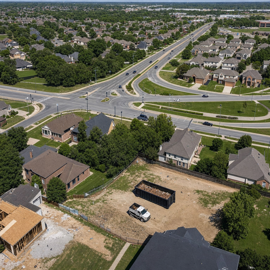 An overhead documentary view of the Four Oaks metro area at midday, showing the spread of neighborhoods, arterial roads, and the dispatch radius from a central yard — clean daylight, organized geographic layout.