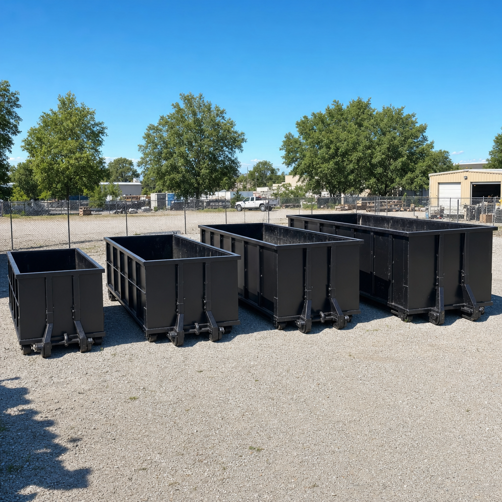 A clean lineup of matte-black roll-off dumpsters in 10, 20, 30, and 40-yard sizes staged on a sunlit gravel yard in Four Oaks, showing the size progression from compact to commercial-scale containers.