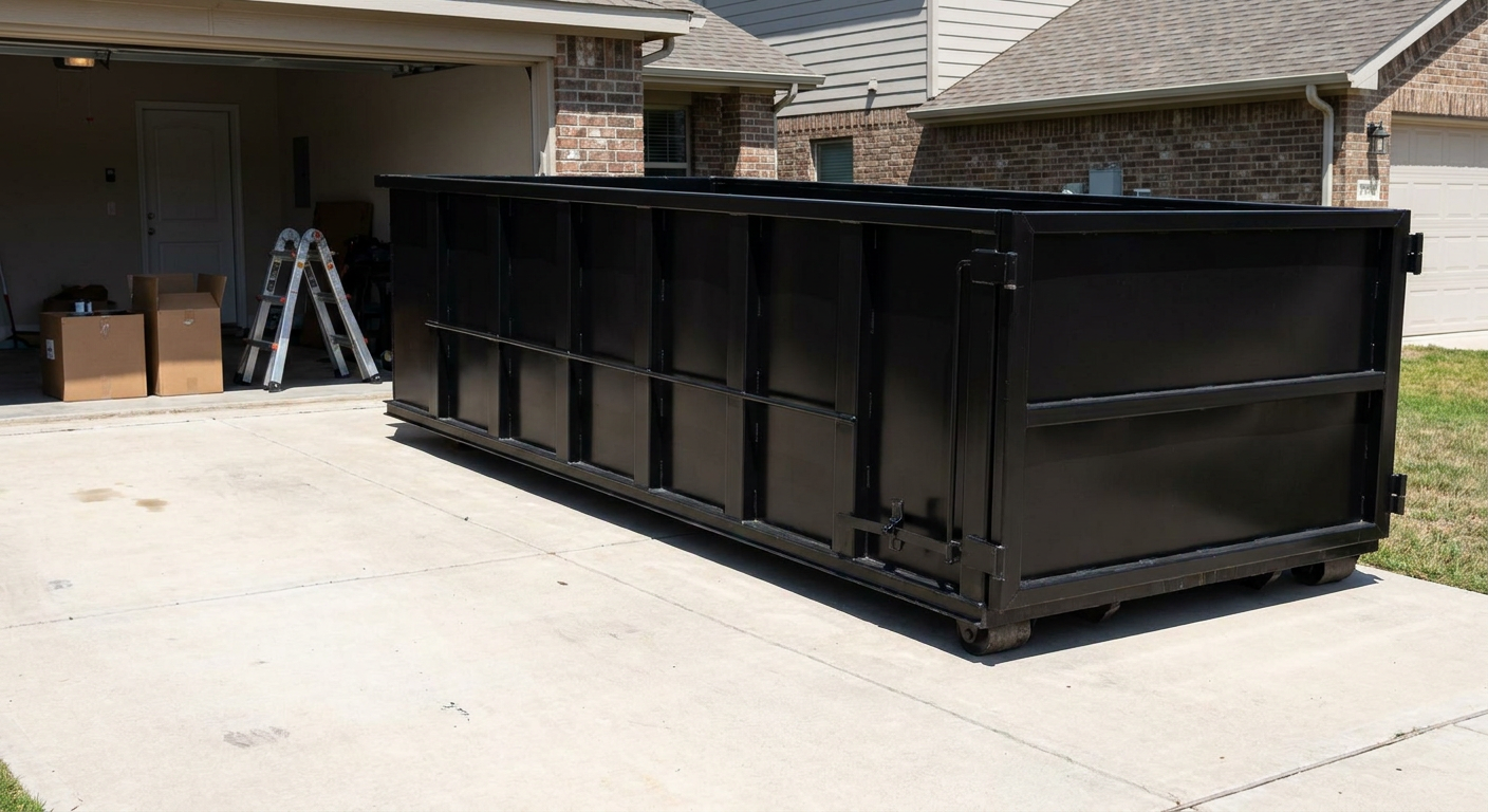 A matte-black 10-yard roll-off dumpster sitting directly on a residential Four Oaks concrete driveway, mid-day sunlight, clean and ready for a garage cleanout.