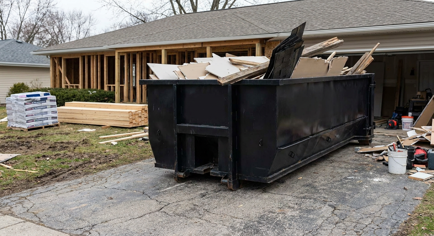A matte-black 20-yard roll-off dumpster placed alongside a mid-renovation Four Oaks home directly on the asphalt driveway, with framing materials and torn-off shingles staged neatly nearby.