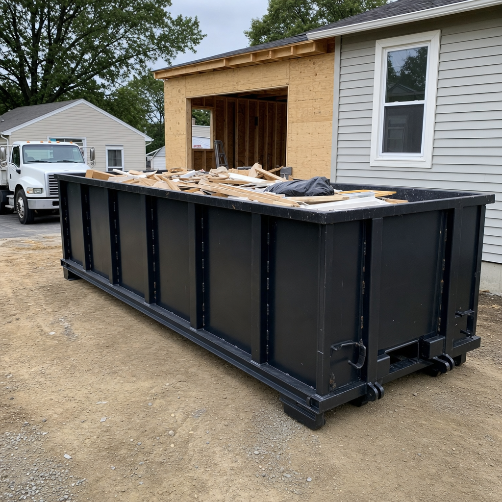 A matte-black 30-yard roll-off dumpster positioned at a Four Oaks residential addition jobsite, with framing lumber and drywall scraps loaded through the open swinging rear doors.