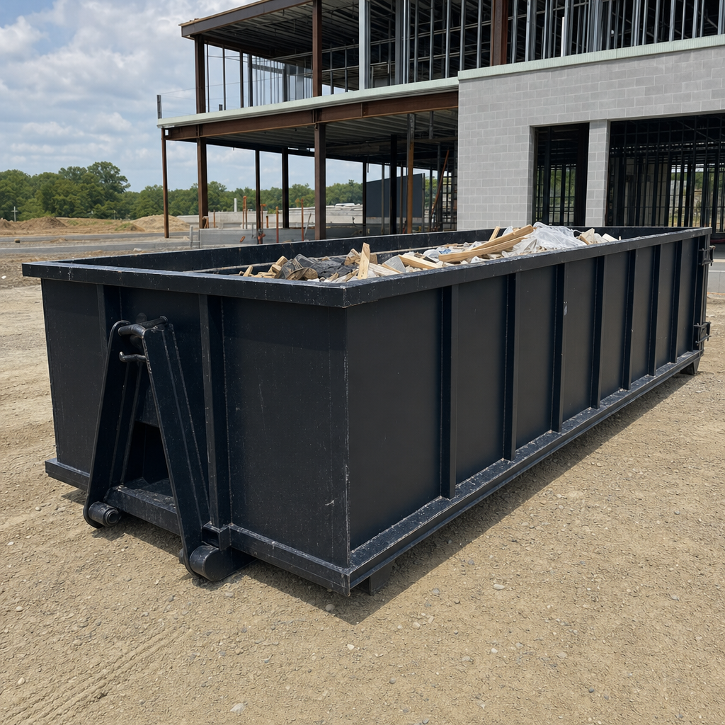 A matte-black 40-yard roll-off dumpster staged on a large Four Oaks commercial construction lot, with a hooklift delivery truck parked alongside under bright midday sky.
