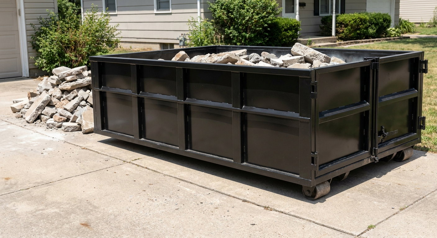 A matte-black low-side heavy-debris roll-off dumpster placed directly on a Four Oaks concrete driveway, with broken concrete chunks neatly stacked beside it under clean daylight.